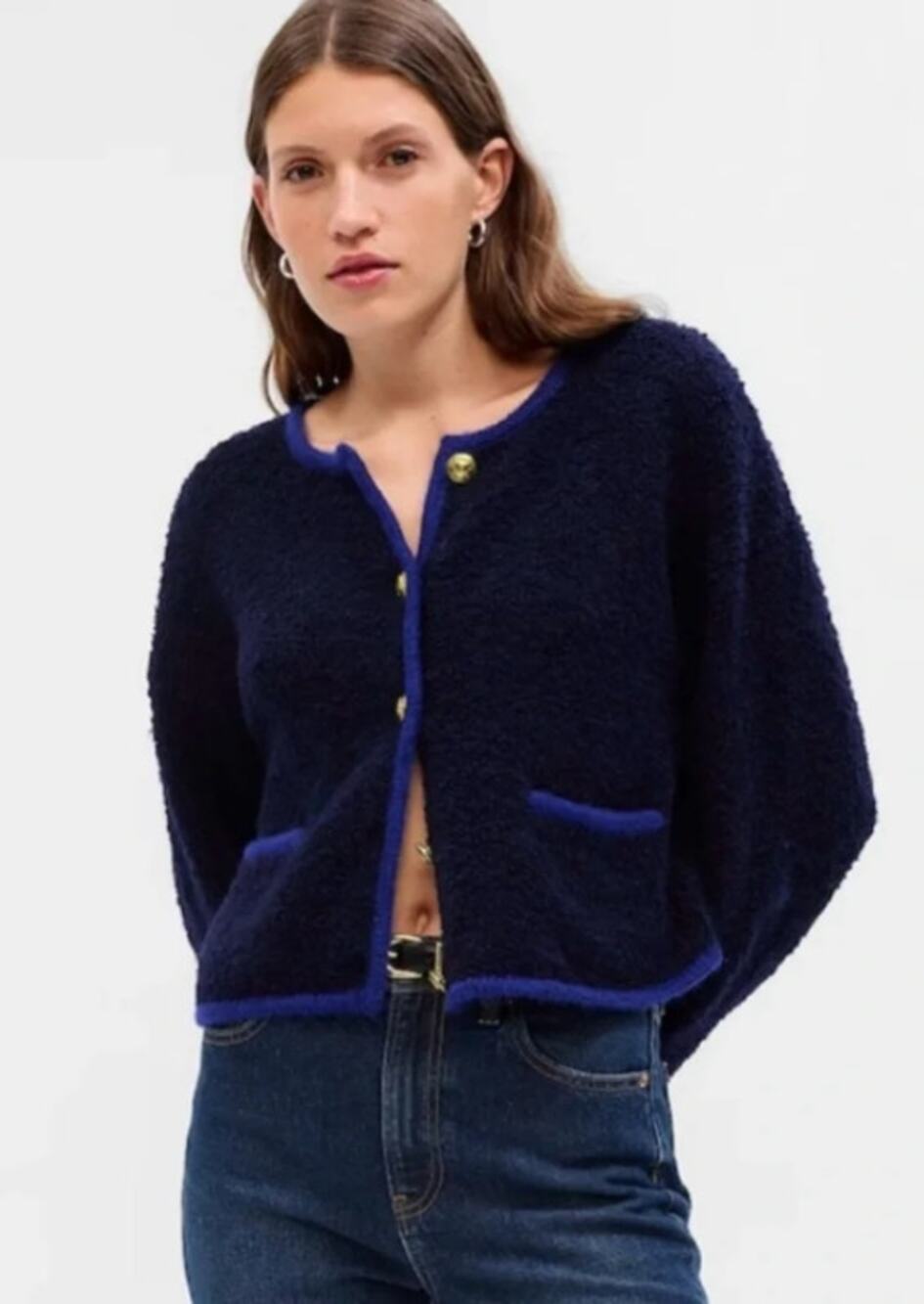 GAP Boucle Sweater Wool Blend Crewneck Chunky Knit Cardigan Jacket Navy Blue